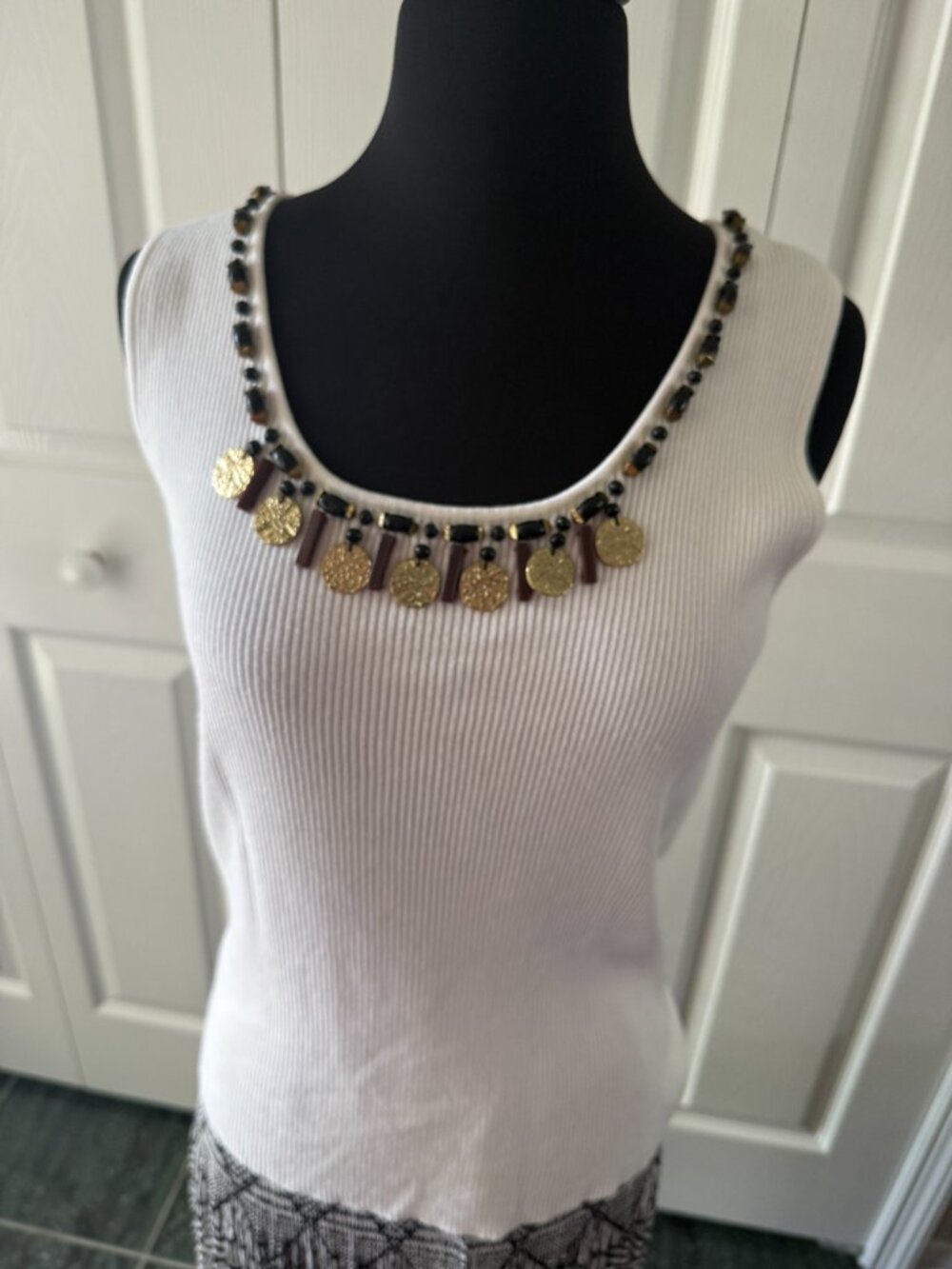 Ruby Red knit top cream with brown and gold trim size L